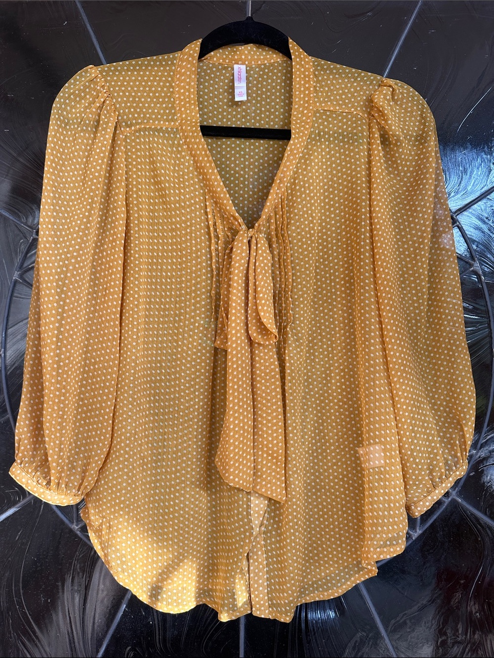 Xhilaration Mustard Yellow Polka Dot Tie-Neck Blouse